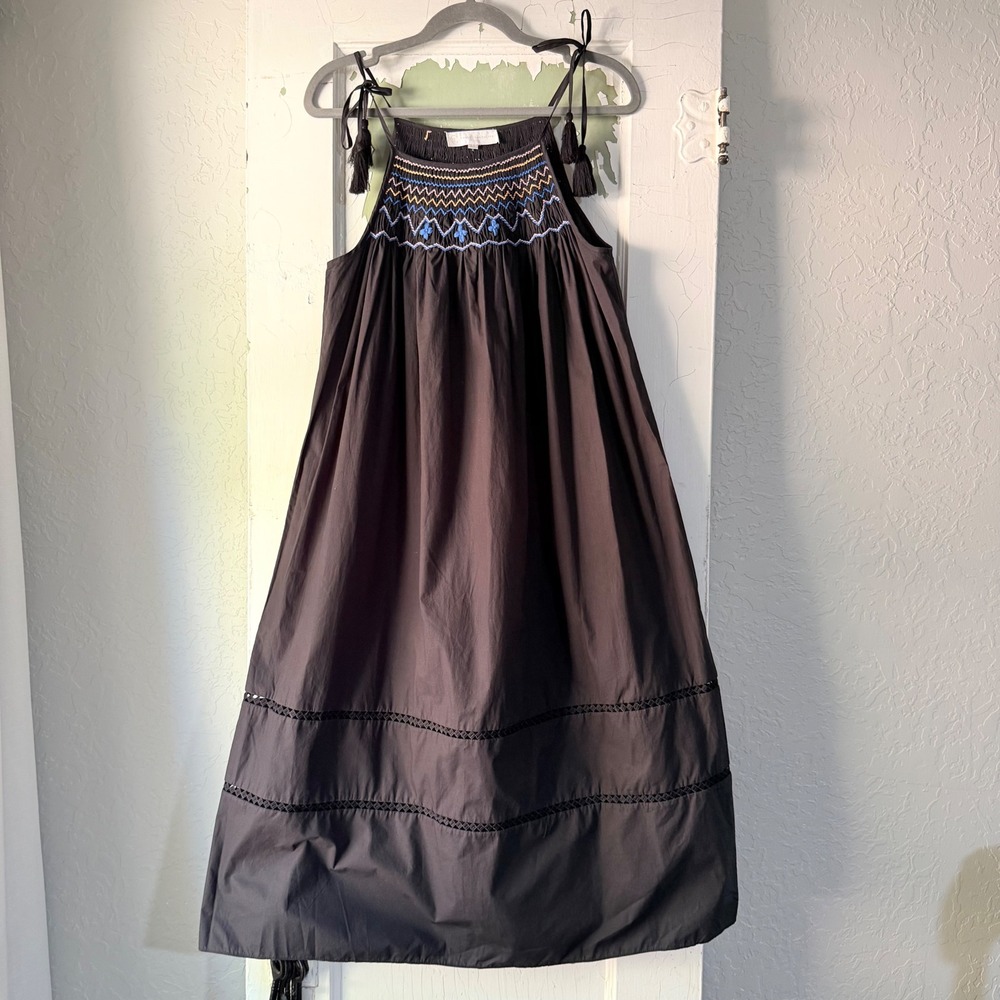 Corey Lynn Calter Black Organic Cotton Embroidered Smocked Tassel Midi Dress XS
